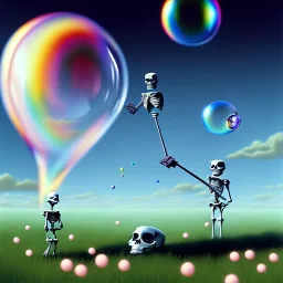 The Grim Reaper and the Skeleton on bubble world, discussing the future of the universe, art by Magritte and Pixar