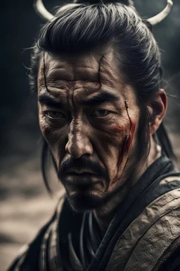 Samurai looks at the enemy, stands after the battle, fear and horror on his face, tired and beaten, sand on his face mixed with sweat, an atmosphere of darkness and horror, hyper realistic photo, In post - production, enhance the details, sharpness, and contrast to achieve the hyper - realistic effect
