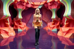 beautiful full body with long boots lady in surreal stage made of fractal random size polygonal 3d objects with strip random colors in clothing similar to environment full body posing to camera