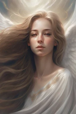 A realistic portrait of an Angel floating over Arcadia with long Aubern hair