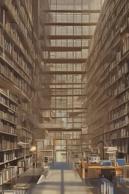 A modern library. Robotic book delivery, everything is automated. Cutting-edge library interior design. Everything is drawn in detail, in high resolution. 8k