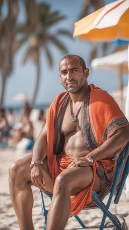 full figure shot photography of a serious ugly burly strong befy marocan 35 years old, sells colored pareos on a crowded beach, sitting on a beach chair, sunligh, photorealistic, 35mm lens, side light, ambient occlusion