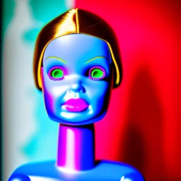 Foto realista. Una Cabeza de muñeca barbie decapitada sin cuerpo. Foto de estudio. Pared de fondo. Colores vibrantes. Gran angular. Simetría. Ultra hd.