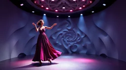 modern stage with gray-theme artistic decoration , color full dynamic lighting, a beautiful lady in modern maxy dark purple red dress with shining silver jwells dancing, 3D recursive fractal structure animating background