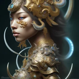 Sango fantasy, fantasy magic, intricate, sharp focus, illustration, highly detailed, digital painting, concept art, matte, art germ and Paul Lewin and Kehinde Wiley, masterpiece Indonesian lady head bronze tiger Asian African girl nice breast Hawaiian hair turquoise silver waves