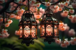blooming apple tree, two decorative lanterns with floral motifs hanging on the branch, illuminated, background of a spring blooming garden, macro photography, close-up, hyper detailed, artstation trends, sharp focus, studio photo, intricate details, very detailed,