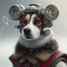 Portrait of cyborg dog child with brown hair and with cute face, north pole snowy vibe , perfect composition, hyperrealistic, super detailed, 8k, high quality, trending art, trending on artstation, sharp focus, studio photo, intricate details, highly detailed, by greg rutkowski