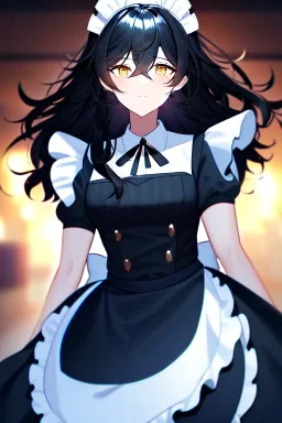 girl, masterpiece, best quality, cinematic lighting, detailed outfit, vibrant colors, perfect eyes, golden eyes, long hair, black hair, messy hair, hair between eyes, depth of field, ray tracing, maid,