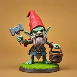 low poly, slime dwarf gnome troll miniature model half painted arms outstretched holding battle hammer offering gift, bucket shield background