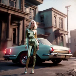 Ultra Realistic retro sci-fi, 1960 year, levitating all cars and a young blonde woman quiet, latex suit, soft color, highly detailed, unreal engine 5, ray tracing, RTX, lumen lighting, ultra detail, volumetric lighting, 3d, finely drawn, high definition, high resolution.