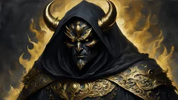 painting of dark demon covered in gold, cloak, old and worn, masterpiece, detailed, high quality,