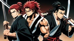 yujiro hanma vs yoriichi tsugukuni, baki vs kimetsu no yaiba, two mans standing in front of each other, a big strong man in black shirt with red hair and evil grin in martial art's stance facing a smaller feminine swordsman with long hair and calm face reaching for his sword in traditional japanese clothes both preparing to fight each other