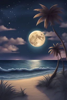A magical tropical night of sparkling stars, a text written "Nevergiveup" a wild beach and a moon shining on the horizon.