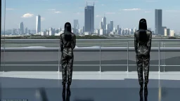 Tall thin woman, with straight black hair, dressed in a camouflaged jumpsuit, looking out from the rear of a futuristic aircar, on a tarmac runway, with a city skyline in the distance