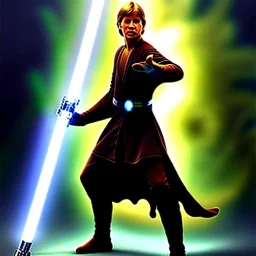 Dibujo al oleo de cuerpo entero de Jedi Luke Skywalker con sable de luz estilo Michelangelo