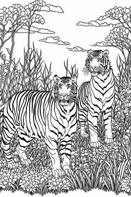 Outline art, tigers standing in the bush, full body, cartoon style, black and white, low detail, no shading, --ar 9:11