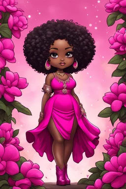 create a comic book art image of a chibi curvy size dark skinned Black female wearing a hot pink maxi dress with sparkle hot pink cowboy boots. Prominent make up with brown eyes, she is wearing hot pink feather tassel earrings and lush lashes. extremely detailed tight curly ombre afro. background of pink and silver magnolia flowers everywhere