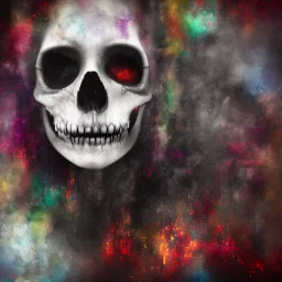 abstract photographic camera mixed with skull in dirty style. fog and smoke in atmosphere. bokeh, lens flare. Dark mood. Dripping paint. oil on canvas, mixed media, high detailed.