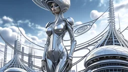 A slim young woman in a silver catsuit with circuitry, standing in a futuristic alien city holding a parasol shaped like a mushroom with tentacles