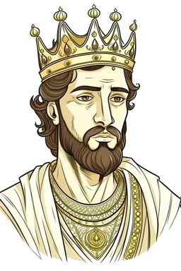 "Draw an Arabian king with a short beard and shoulder-length hair, handsome, sharp features, wearing a crown. His color is slightly tan, and he has drowsy eyes. His body is of average height. Draw another Arabian king who is larger in size, with thick eyebrows."