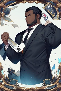 Dashing black man in a suit, holding a deck of cards.