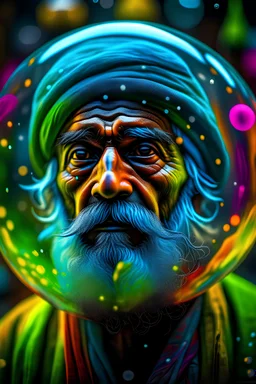 hyper real oil painting portrait of psychedelic guru from India watching himself inside a sphere in slimy bubbles and gelatinous background, zeiss prime lens, bokeh like f/0.8, tilt-shift lens 8k, high detail, smooth render, down-light, unreal engine, prize winning