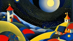 A swirling night sky with bright yellow stars and a crescent moon over a village with houses and trees in the foreground