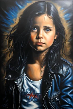 Famous actors as Children - facial Portrait - oil on canvas, chiaroscuro, deep shadows, fairytale, 20th century masterpiece, rich deep colors, highly detailed portrait, Demi Moore wearing a black leather biker's jacket, a black "Iron Maiden" T-shirt, Blue Jeans, black Converse sneakers,