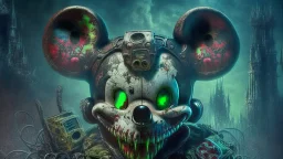 zombie mickey mouse hybrid, photorealism, movie screen capture, horror, sci-fi, retrofuturism,