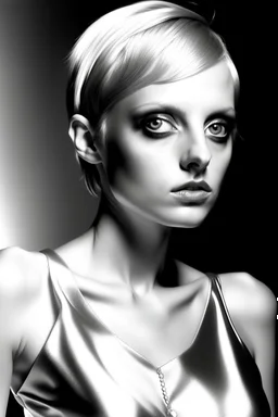 twiggy, beautiful woman, anorexic, silver bikini, photorealistic, short hair to chin, style: helmut newton,