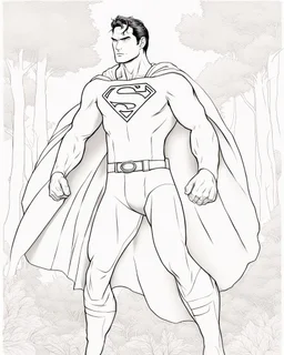 Realistic outline art of Superman. Naruto cinematic lighting, high definition 3D art color pages with witch, realistic forest background, drawing style, full body, using detailed color brain, mandala style, clean line art, white background, no shadows, clear and good