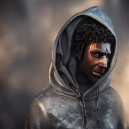 mysterious, black man, long curly black hair, scar on eye, hooded, post-apocalyptic, realistic, intriacte detail, sci-fi fantasy style, volumetric lighting, particales,highly detailed,cinamatic, deep colours,8k