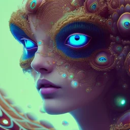 peacock face,surreal, Unreal Engine 5, lens macro,sharp focus, realistic, hyper detailed, studio lighting, neon light ambient