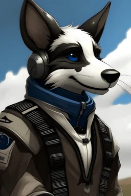 anthro skunk with blue eyes wearing flight suit with MiG-21 fighter jet in background