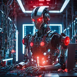 Create an image featuring a humanoid robot with mechanical parts and glowing red eyes sitting on top of computer servers, conveying a sense of advanced technology or potential consequences related to artificial intelligence or cybernetics