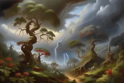 thunderstorms in the Garden of Eden during the day; No Adam and Eve's Garden of Eden, no creatures, dramatic storm clouds, only plants, trees, flowers, vines, including oaks, cedars, date palms, juniper, El Greco, Salvador Dalí, Catherine Abel's epic cinematic view, Artgerm, complex, elegant, digitally illustrated, scenic, surreal, hyper-detailed, 16k, clear focus, Artstation Beautiful, dreamy views, ultra-detailed, clear quality, colorful reflections of light