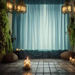 a gorgeous, stunning spa with gauzy curtains, dark wood floor, decorative blue-green ocean in glass ball, plants, smooth black stones, candles, 8k resolution, high-quality, fine-detail, digital art, detailed matte, volumetric lighting, illustration, 3D octane render, brian froud, howard lyon, selina french, anna dittmann, annie stokes, lisa parker, greg rutowski, George Grie, Ben Goossens, Igor Morski