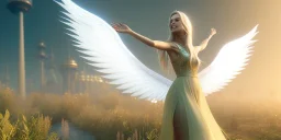 subtle queen, atmospheric, realistic, unreal engine, cinematic lighting, octane render, transparent long dress, blonde, full body, bright wings, smile, long hair