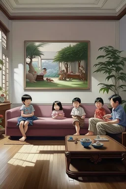 japanese childeren in a modern living room painting neoclassism