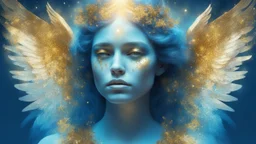 beautiful sad woman angel, double exposure in fantasy style, blue, gold, sparkles, fine rendering, bright colors, photorealism, 3D, with acrylic elements