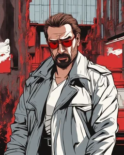 a young man with big muscles who looks like hans gruber wearing a heavy coat and red sunglasses staring with an irritated look on his face