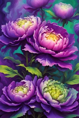 vibrant psychedelic oil painting image, airbrush, 64k, cartoon art image of background purple and green peony flowers , dystopian