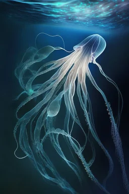 Beautiful sea freedom, weightless swimming, bioluminescent sea, squid tentacles, transparent skin