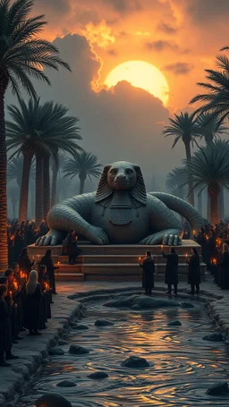 A huge anunnaki creature looks like statue laying down on a bench of wood surrounded by date palms and many people holding candles all wearing black customs close to the river of tigers cloudy sunset environment