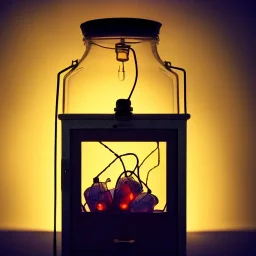 glowing fireflies in a lantern, many ghostly lights inside a belljar, fairy lights, polaroid, symmetry, bioluminescence, luminescent glow, moody, tender, photorealistic, octane render, golden hour