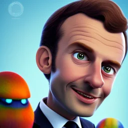 Emmanuel Macron, Pixar Studio movie style, circular reflective eyes, smooth lighting, rounded face, caricature, large nose, 3d portrait, wearing blue suit