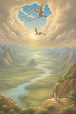 The creation of the world by God. In front of us is a valley with a beautiful landscape, where beautiful animals roam, pterodactyls fly in the sky, beautiful clouds and God in the clouds