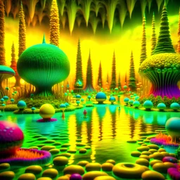 Odd swamp landscape with odd beings walking, surreal abstract Max Ernst style, Tim Burton, Harry Potter, 120mm photography, sharp focus, 8k, deep 3d field, very detailed, volumetric light, very colorful, ornate, F/2.8, insanely detailed and intricate, hypermaximalist
