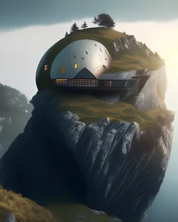 Country house on the cliff in the shape of an egg, brutalist art, hyper-realistic, 8k