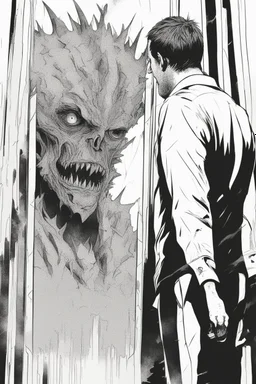 a man looking into a shattered mirror and seeing a horrifying, abstract deranged monster in his reflection
